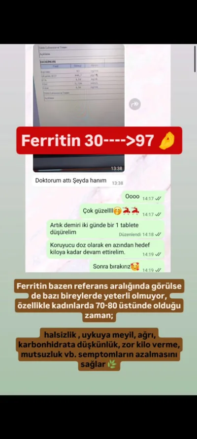 Demir depolarını doldurarak halsizliğe ve karbonhidrat krizlerine veda ettik. İdeal ferritin seviyeleriyle çok daha zinde, çok daha mutluyuz! ✨