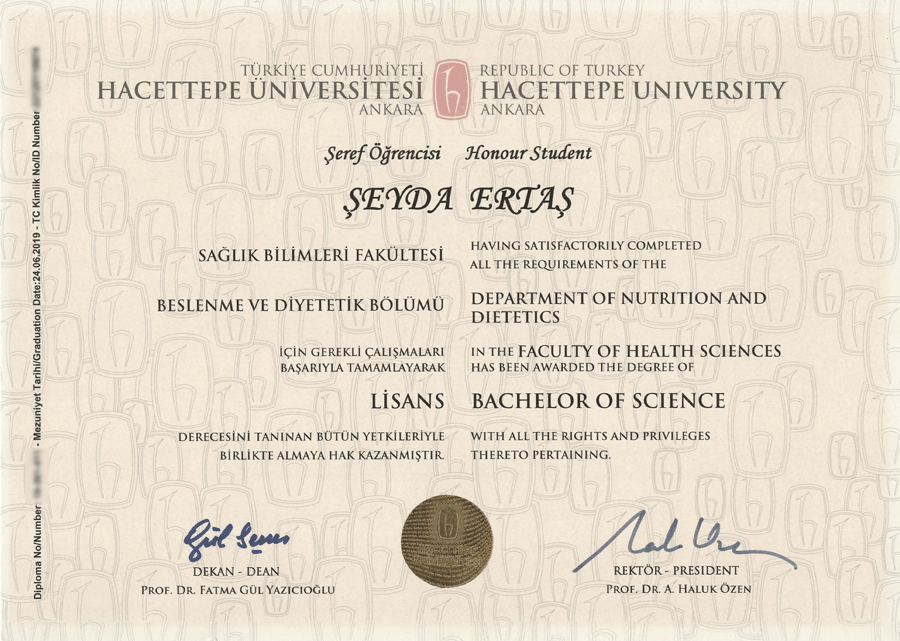 Diyetisyen Şeyda Ertaş - Hacettepe Üniversitesi Beslenme ve Diyetetik Bölümü Lisans Diploması ve Şeref Öğrencisi Belgesi