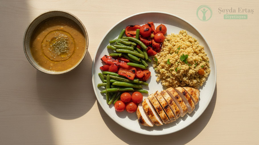 Yarısı-sebze,-çeyreği-protein,-çeyreği-kompleks-karbonhidrat-olacak-şekilde-kurulmuş-prediyabet-tabağı