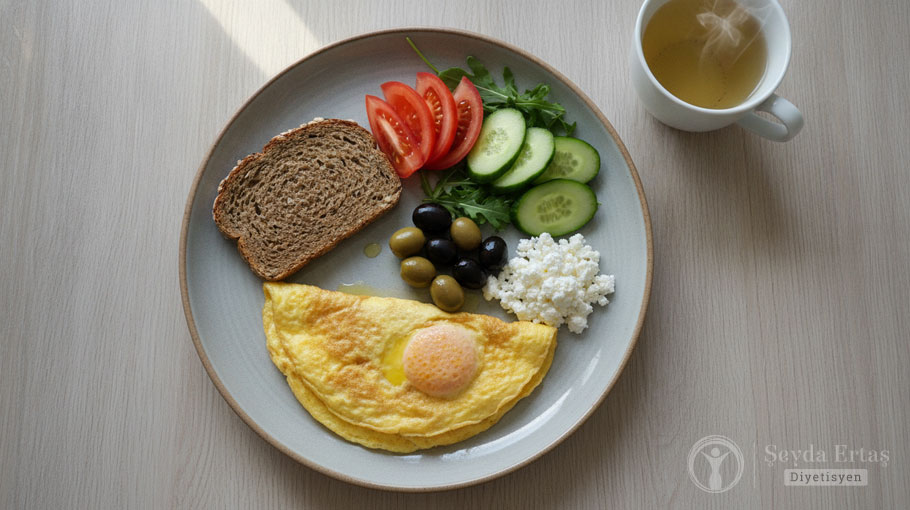 Protein-ağırlıklı-insülin-direnci-kahvaltı-tabağı-omlet,-çavdar-ekmeği,-lor-peyniri-ve-salata