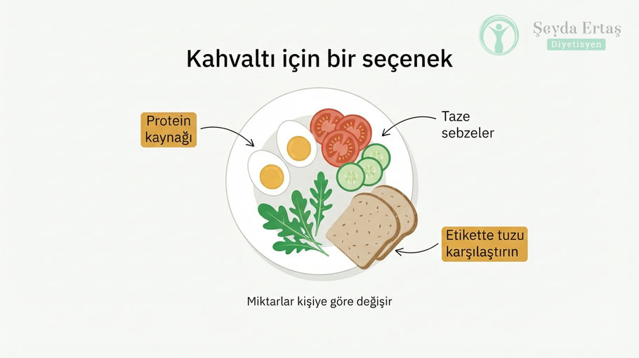 Haşlanmış yumurta, taze sebzeler ve tam tahıllı ekmekten oluşan örnek kahvaltı tabağı